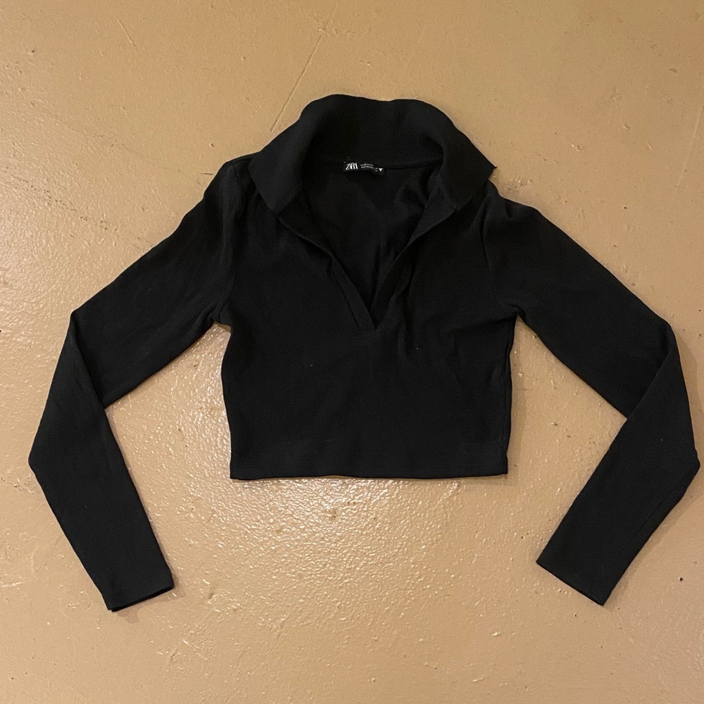 Zara Black Collared Long Sleeve Crop Top